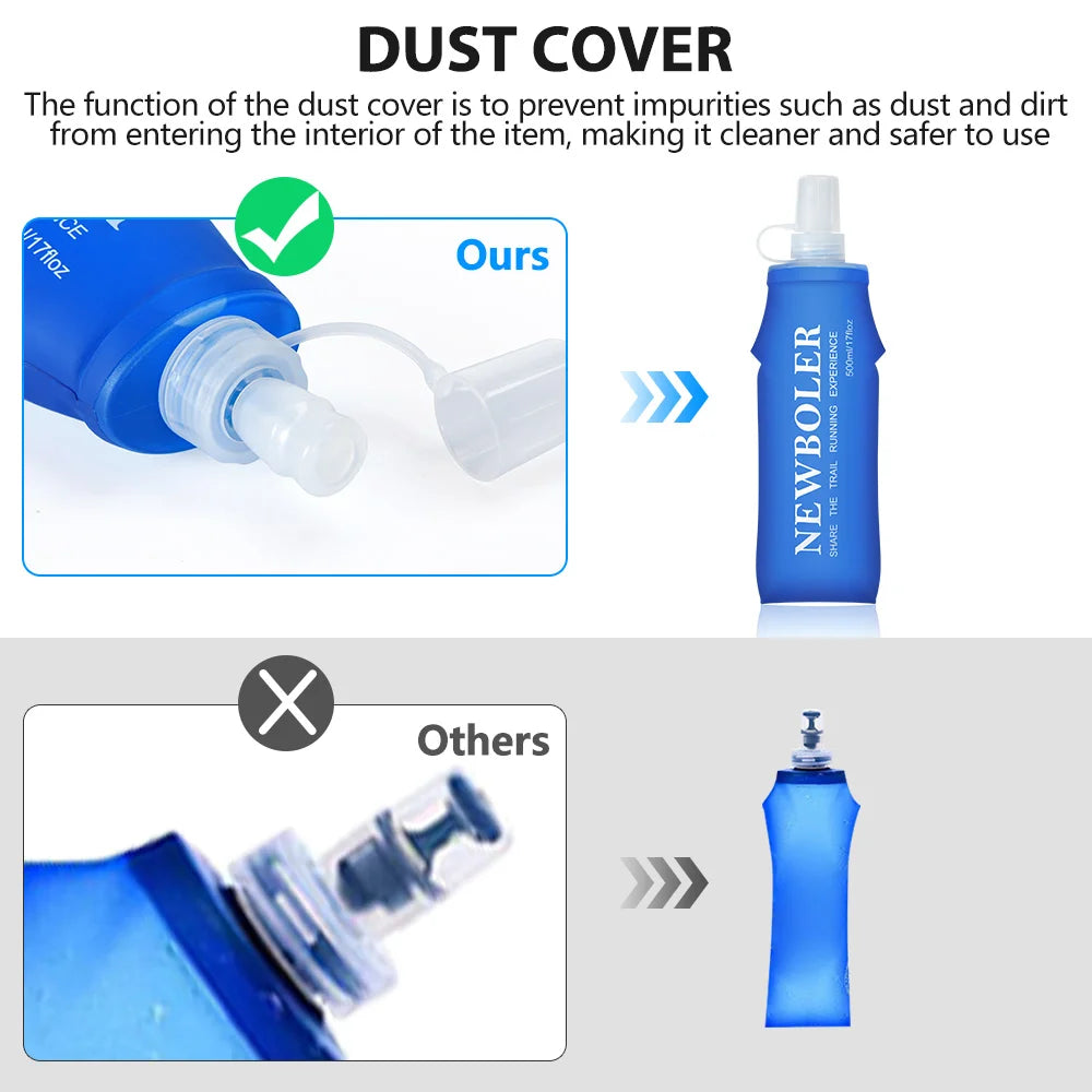Lightweight hydration vest for running showing a blue water bottle with a dust cover to prevent dirt and impurities