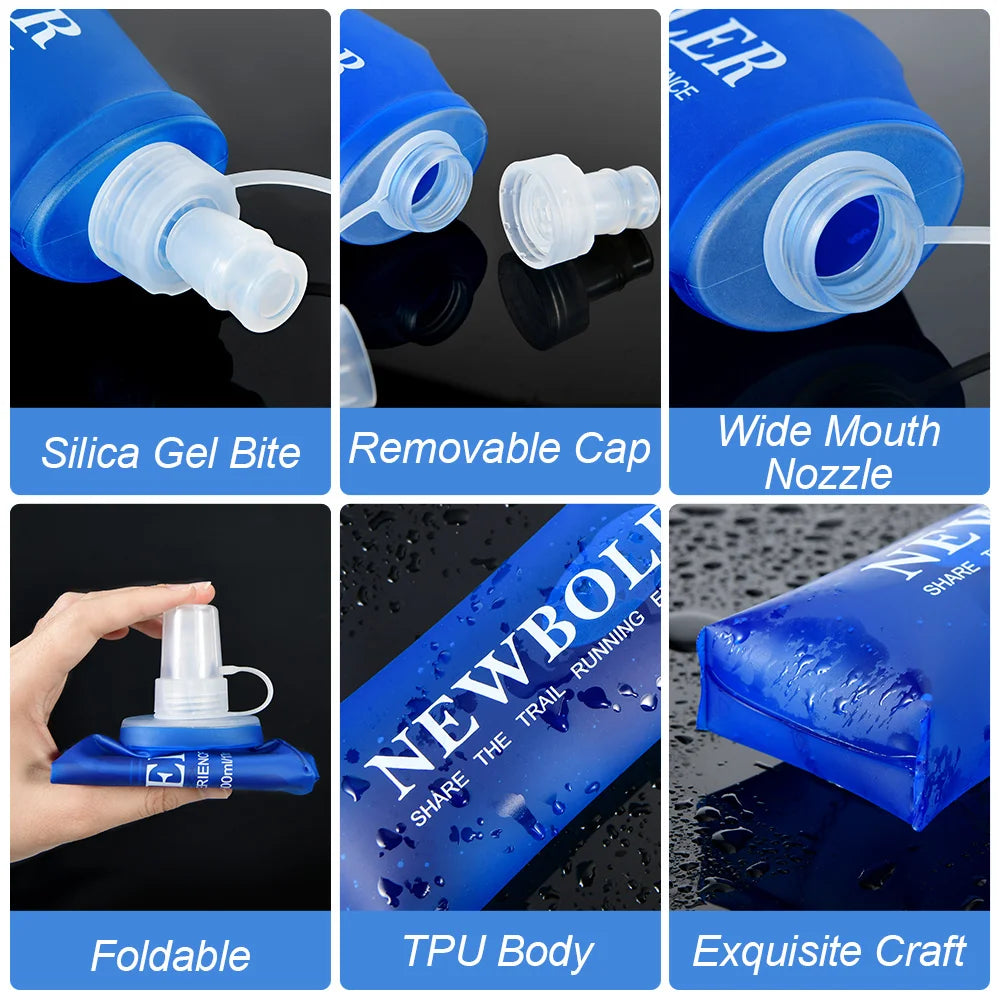 Blue foldable water bladder with silica gel bite nozzle removable cap and TPU body for lightweight hydration vest for running