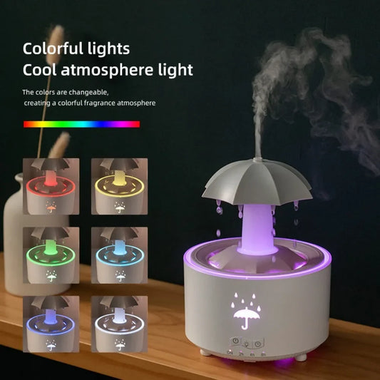 TrevioMart raindrop air humidifier with colorful changing lights and cool atmosphere light on wooden surface