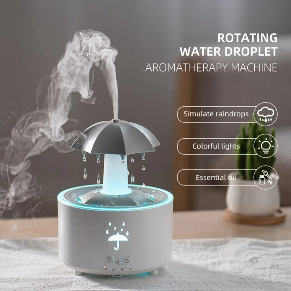 TrevioMart raindrop air humidifier with rotating water droplet design, colorful lights, and essential oil diffuser