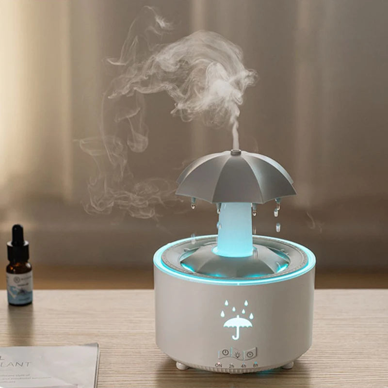 TrevioMart raindrop air humidifier with umbrella design emitting mist and glowing blue light
