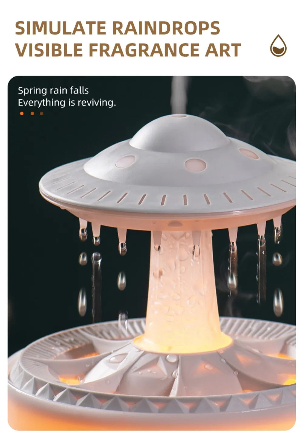 TrevioMart raindrop air humidifier with simulated raindrops and visible fragrance art design