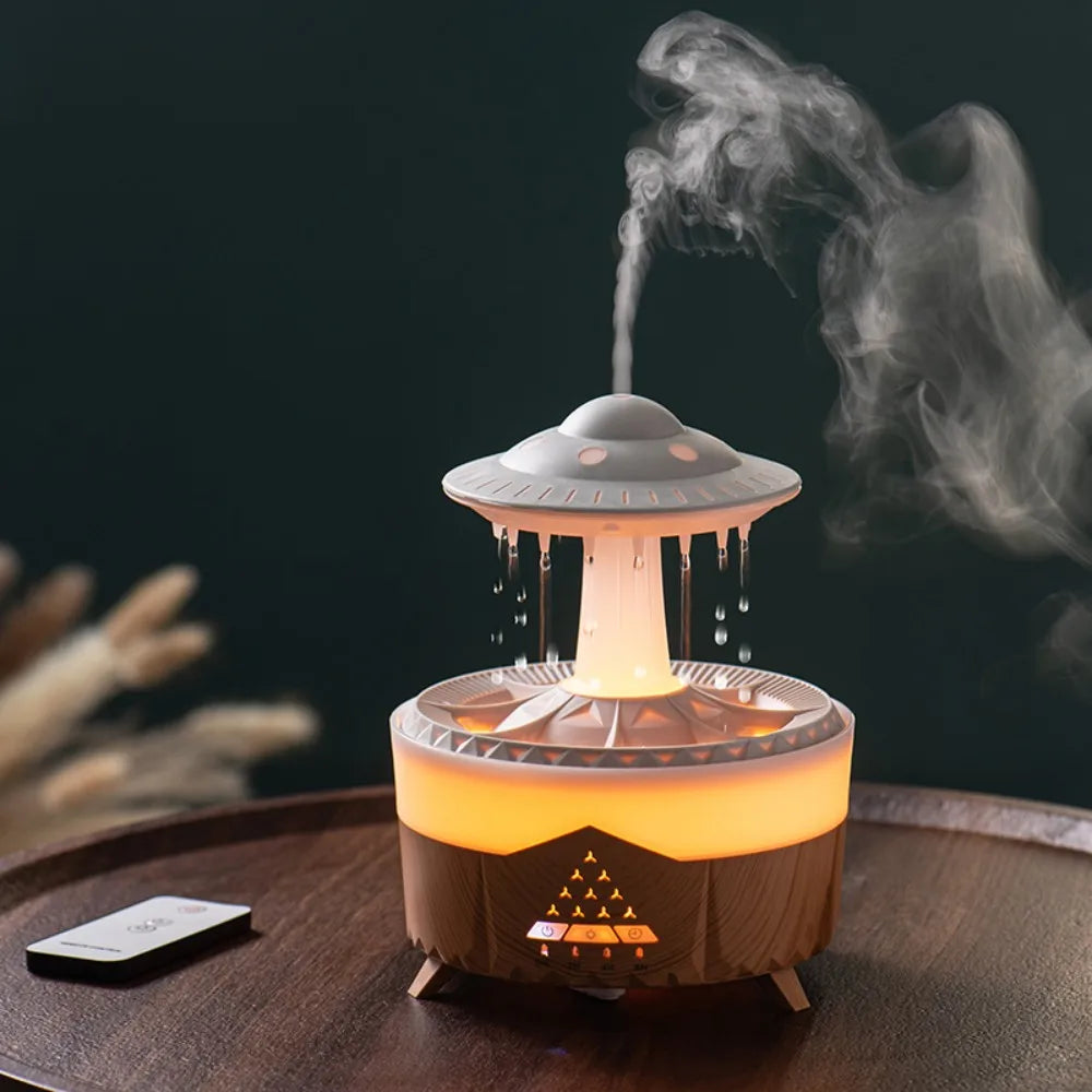 TrevioMart raindrop air humidifier with UFO design releasing mist on wooden table