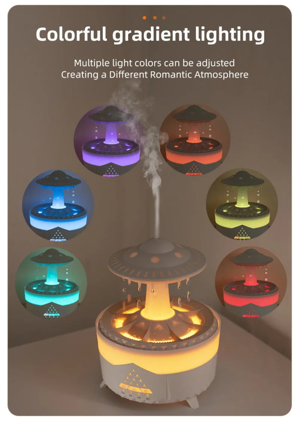 TrevioMart raindrop air humidifier with colorful gradient lighting and adjustable light colors