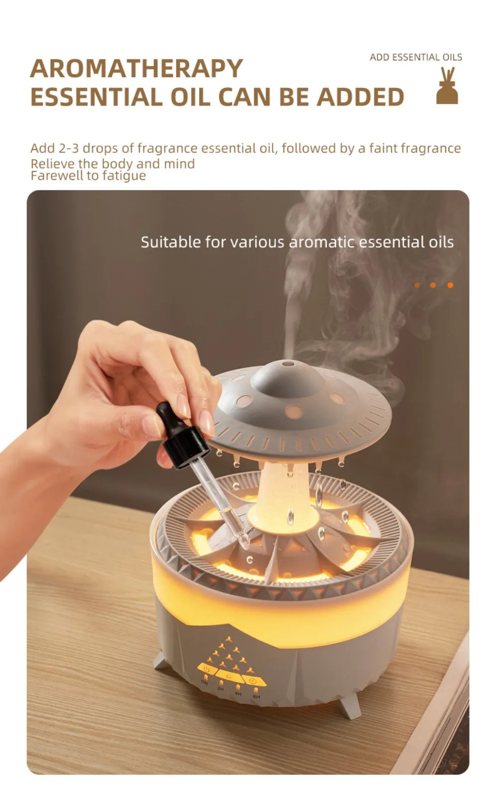 TrevioMart raindrop air humidifier with aromatherapy essential oil diffuser and warm LED light