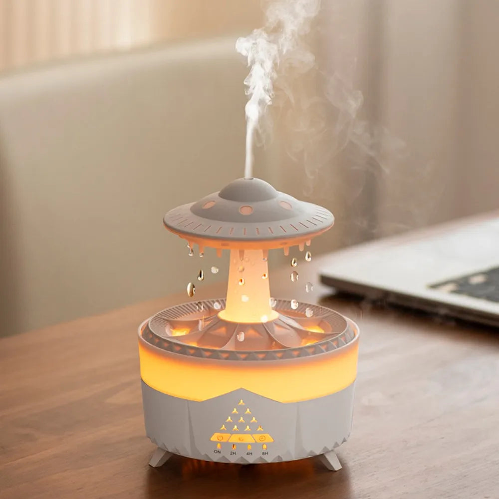 TrevioMart raindrop air humidifier with warm light and mist on wooden table