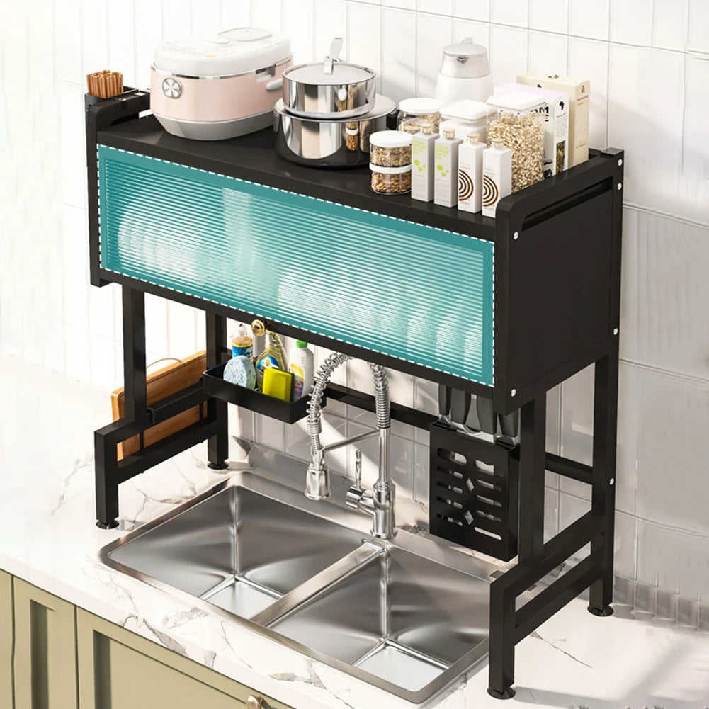 TrevioMart over the sink dish rack with storage in black holding kitchen items above double sink