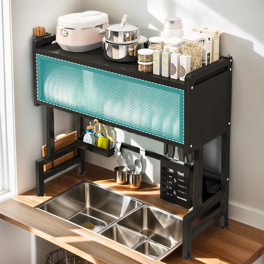 TrevioMart over the sink dish rack with storage in black holding kitchenware and pantry items
