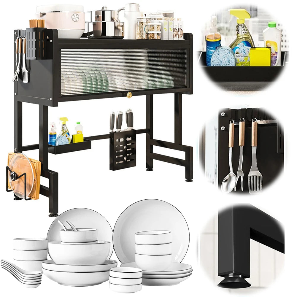Over the sink dish rack with storage by TrevioMart in black metal with multiple compartments for plates, utensils, and cleaning supplies