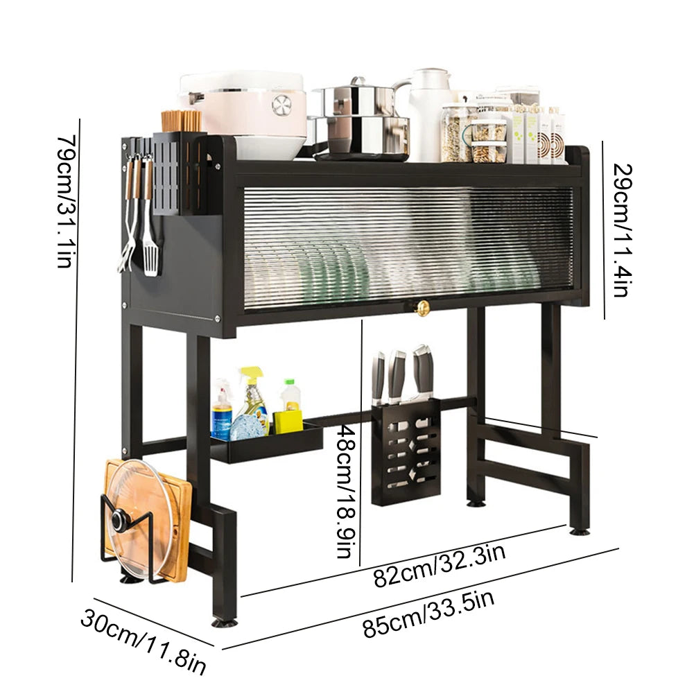 TrevioMart over the sink dish rack with storage in black metal featuring multiple compartments and utensil holders
