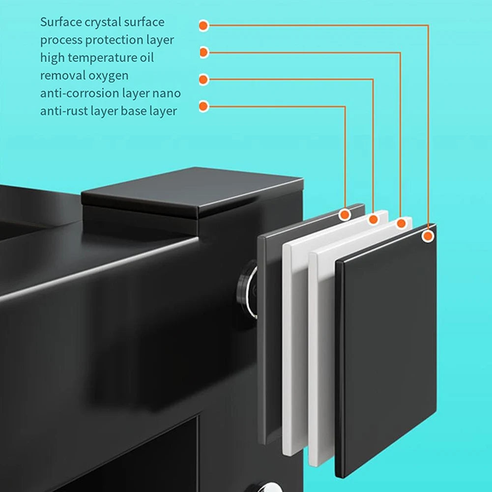 Close-up of over the sink dish rack with storage showing multi-layer surface crystal process protection