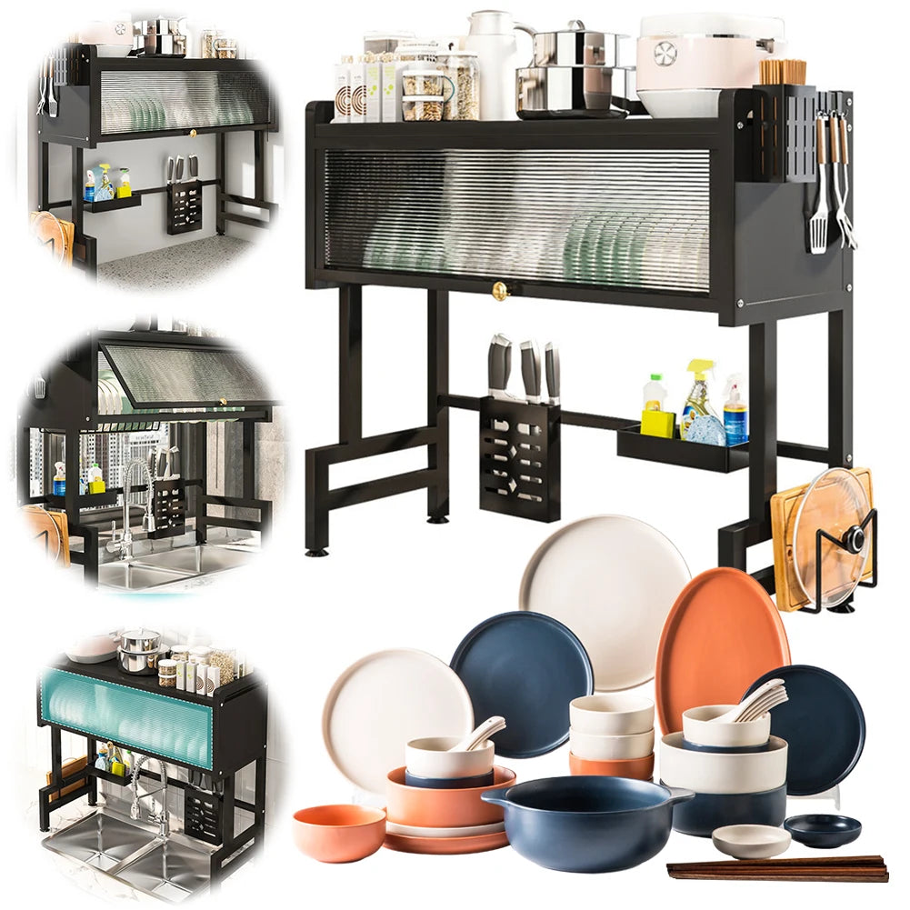 TrevioMart over the sink dish rack with storage in black metal with multiple compartments and utensils holder