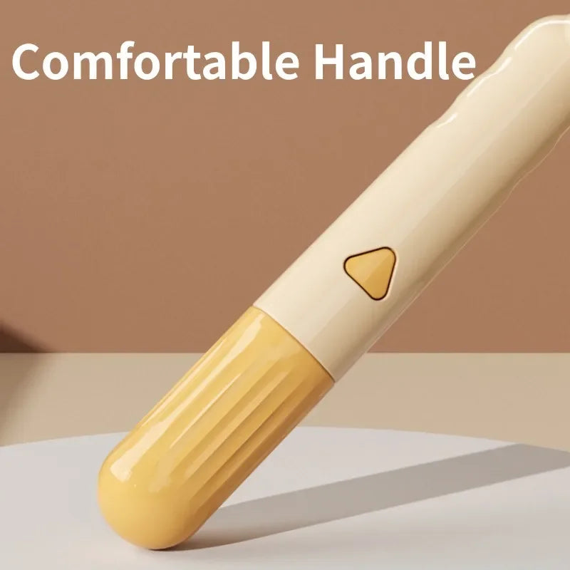 Comfortable handle of TrevioMart self-cleaning pet grooming brush in cream and yellow colors