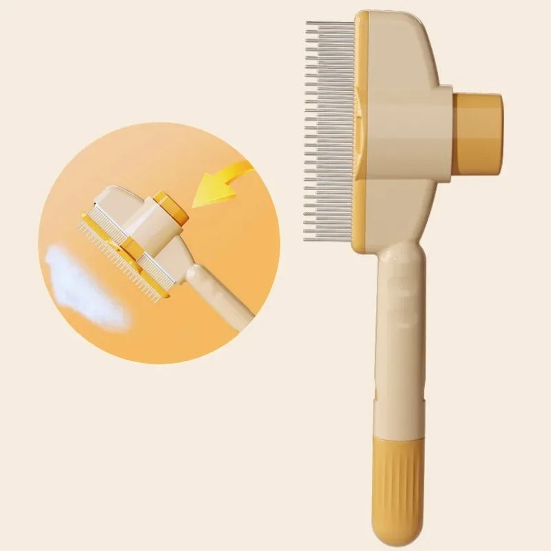 TrevioMart self-cleaning pet grooming brush in beige with yellow handle and retractable bristles
