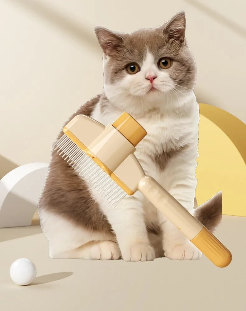 TrevioMart self-cleaning pet grooming brush with yellow handle shown with a brown and white cat