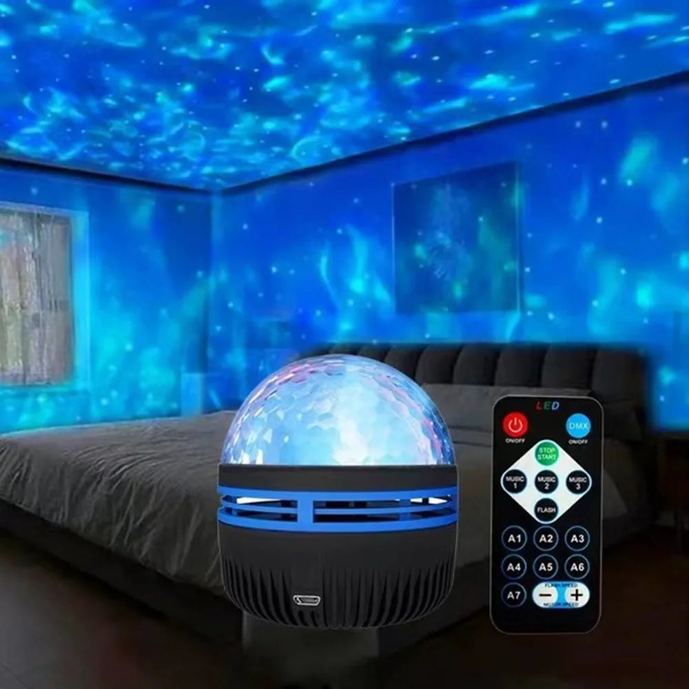 Starry sky light projector with remote displaying blue galaxy light effects in bedroom