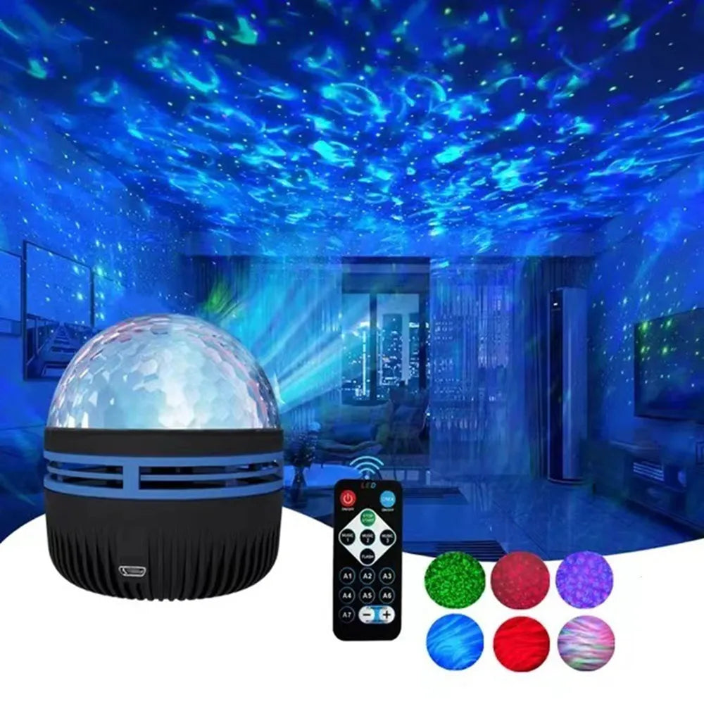 Starry sky light projector with remote displaying colorful galaxy patterns in a dark room