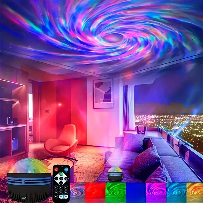 Starry sky light projector with remote creating colorful galaxy swirl on ceiling in modern living room