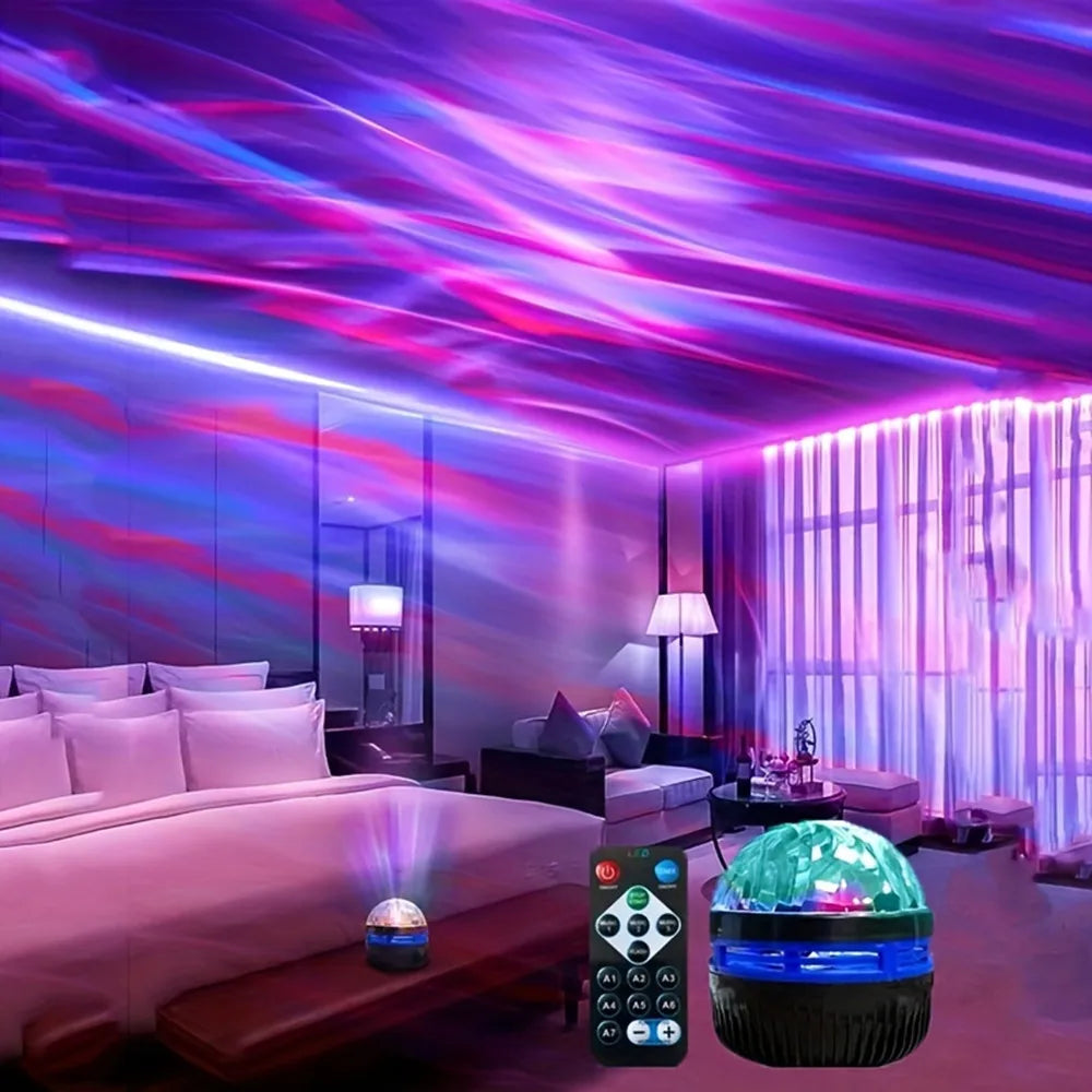 Starry sky light projector with remote casting colorful lights across a modern bedroom ceiling