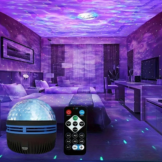 Starry sky light projector with remote displaying purple galaxy patterns in a modern bedroom