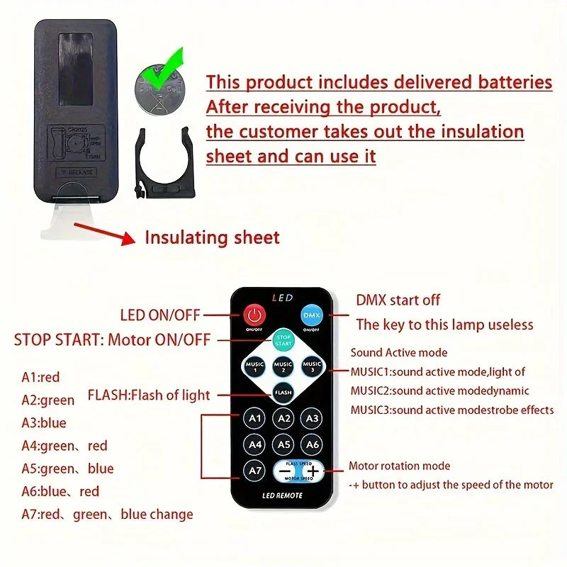 Starry sky light projector with remote control showing detailed button functions and battery installation instructions