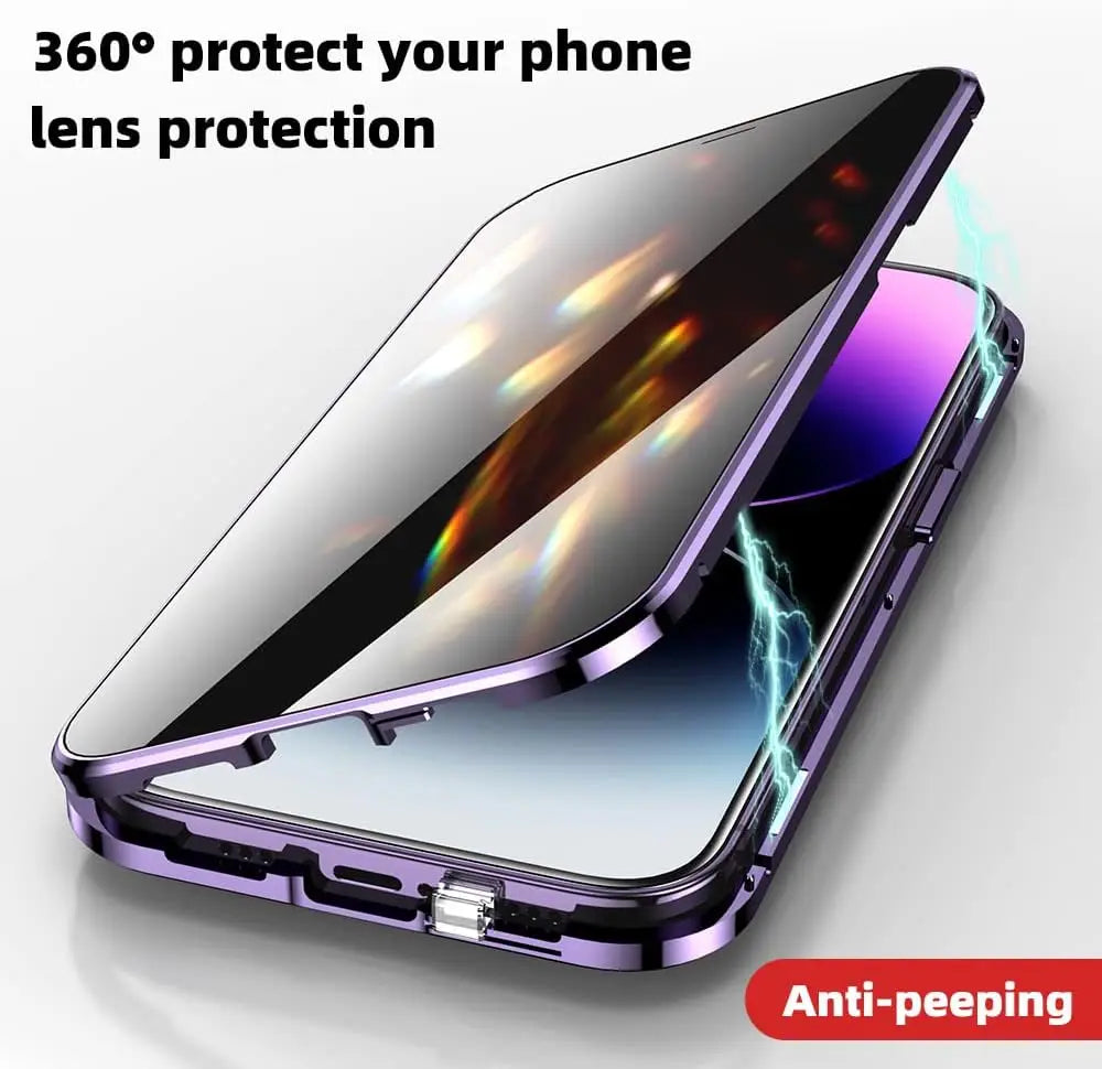 Magnetic privacy case for iPhone Pro Max with 360-degree phone and lens protection in purple