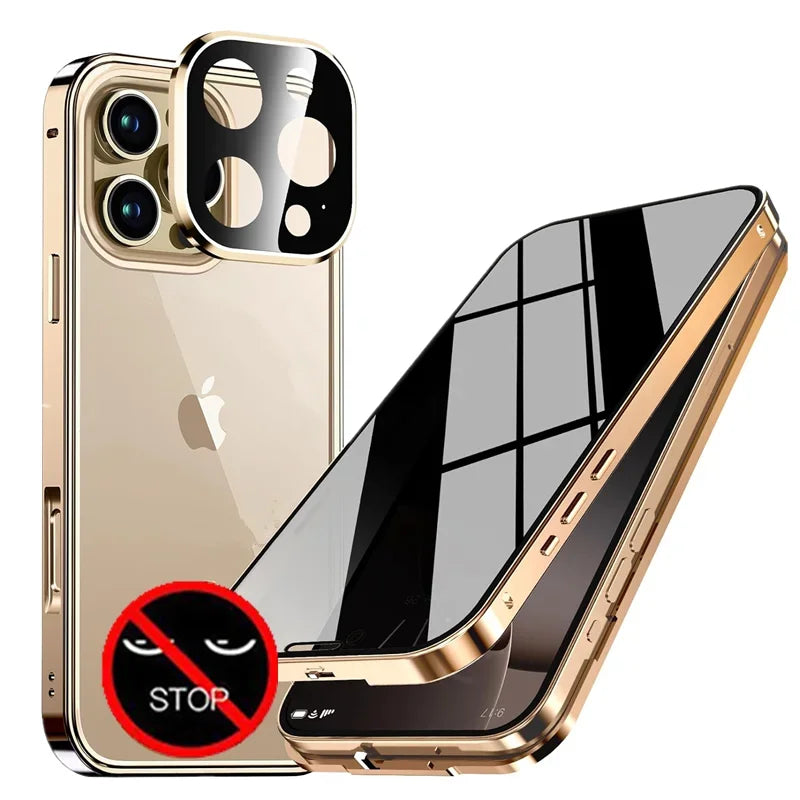 TrevioMart magnetic privacy case for iPhone Pro Max in gold with camera lens cover and anti-spy protection