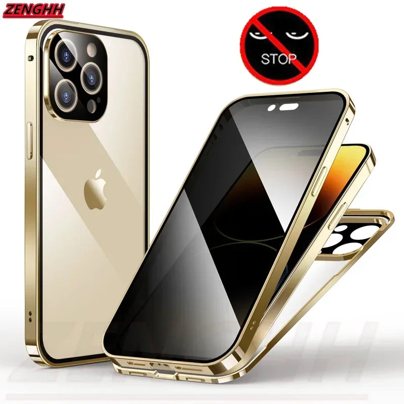 Gold magnetic privacy case for iPhone Pro Max with tempered glass and privacy filter by TrevioMart