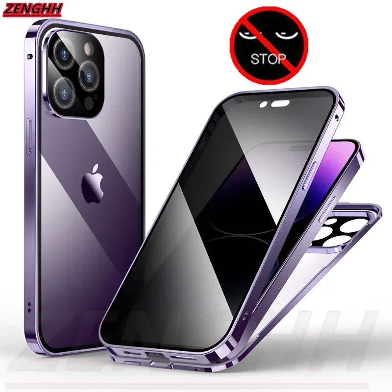 Purple magnetic privacy case for iPhone Pro Max showing front and back with camera protection and privacy screen