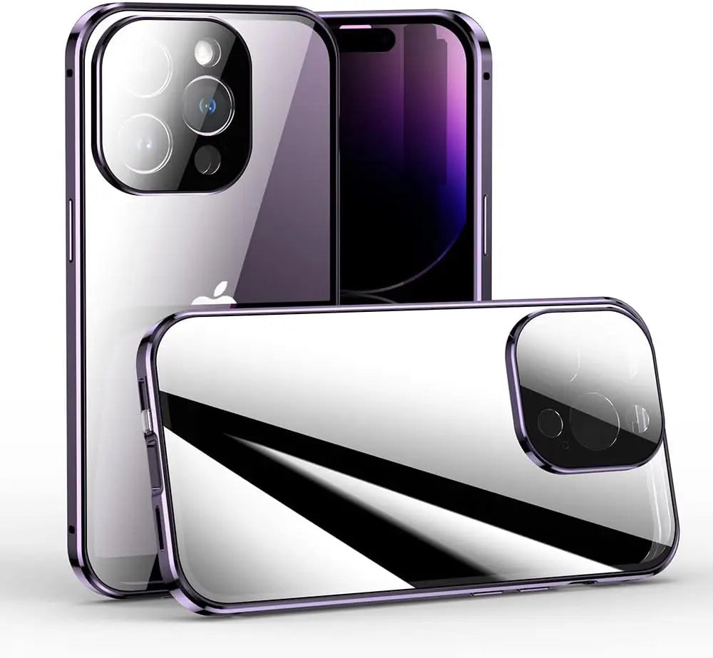 Clear magnetic privacy case for iPhone Pro Max with reflective surface and purple edges