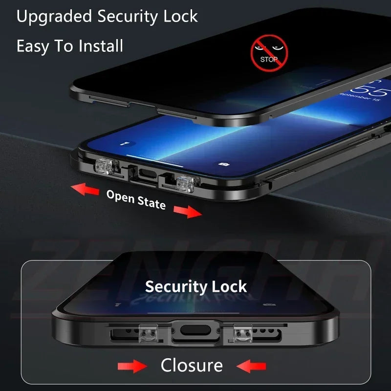 Magnetic privacy case for iPhone Pro Max with upgraded security lock and easy installation shown in open and closed state